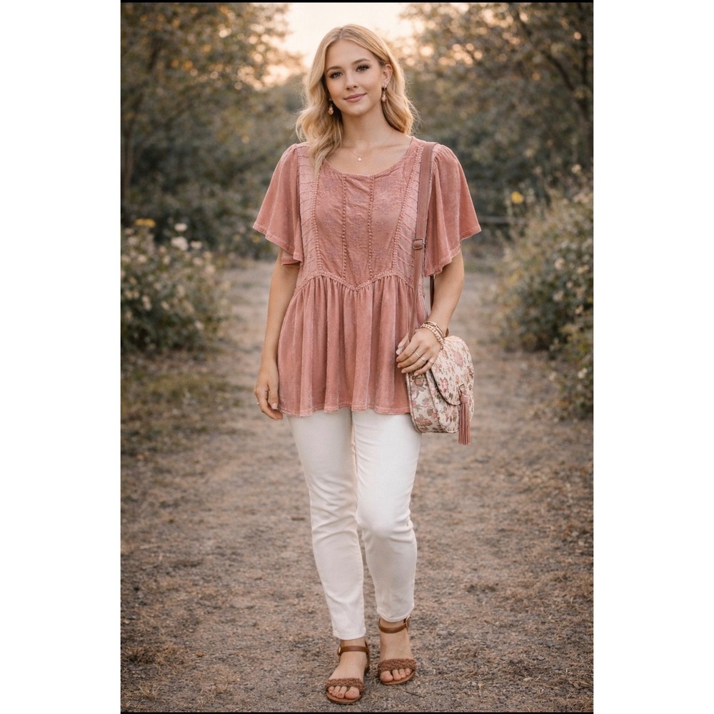 POL Velvet Babydoll Top Blush Pink Cottage Embroidered M Whimsical Romantic Boho